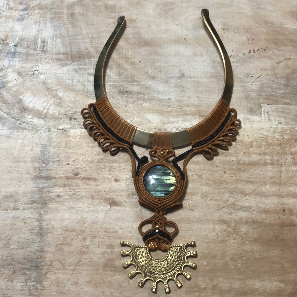 Brass Collar Necklace Macrame natural labradorite stone statement piece